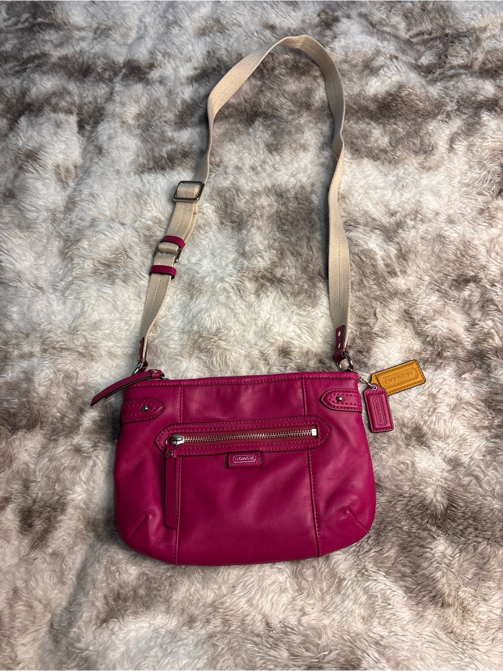 Coach Fuchsia Leather Crossbody with Adjustable Canvas Strap